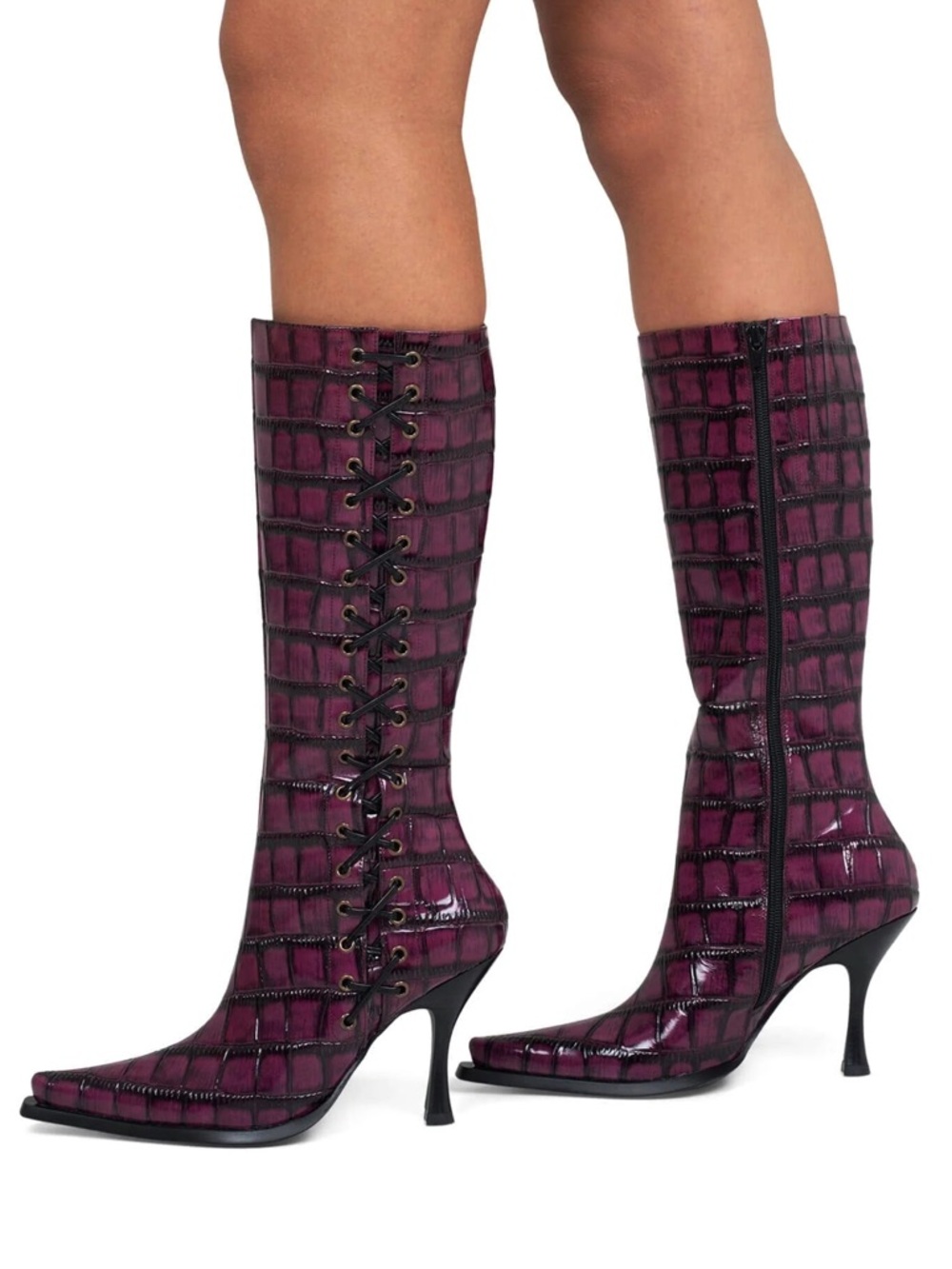 Jeffrey Campbell STUNNA Lace-Up Knee Boot in Raspberry Black Croco - Picture 2 of 5